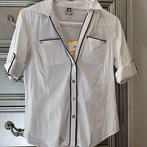 Petite small new Anne Klein white sleeve blouse shirt top